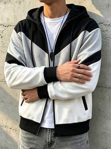 HEYKESON Men's Hooded Zip-Up Jacket, Colorblock Patchwork Drawstring Hooded Long Sleeve Casual Open Front Sweatshirt - Black - View 8