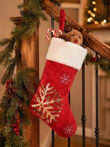 1pc Red Christmas Stocking With White Trim, 18-Inch Stocking, Large Plush Stocking With Reindeer And Snowflake Patterns, Christmas Tree Holiday Party Decoration, For Home Holiday Christmas Party Decorations (Red And Gold Glitter Reindeer) - Multicolor - View 6