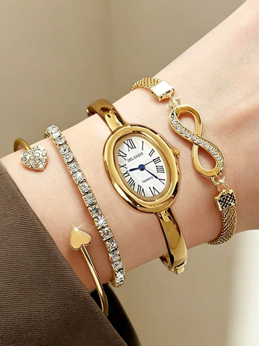 4件組女款奢華復古金色手錶與手鍊套組,金色飾品套組,手鍊珠寶,夏季配件,適合日常通勤、約會、派對、晚宴、夏季出遊、返校季等多種場景,可作為畢業禮物,送給女性的貼心禮物,展現溫柔優雅,最適合女性的禮物 - 金色 - 查看 1