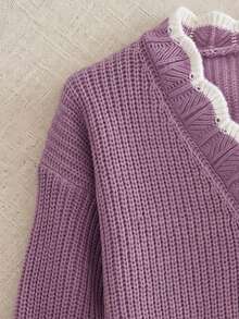 Preppy White Contrast Trim Knit Cardigan, V-Neck Heart Button Patch Pocket Cropped Jacket, Autumn Thanksgiving Streetwear - Purple - View 8