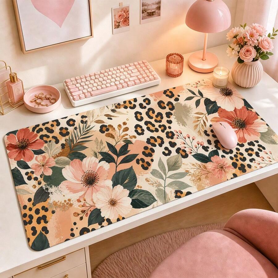 Leopard Print Floral Extended Mouse Pad, Modern Botanical Style Large Keyboard Mouse Desk Mat, Home Office Computer Pad, Fashionable Desktop Accessory Women's Gift - View 1