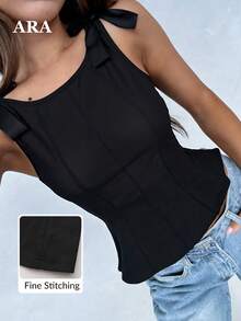 ARA CHIC Top de tirantes con lazo de satén negro, escote en U, bustier ajustado, top corto sin mangas con varillas, top elegante para mujer para verano, vacaciones, playa y brunch - Negro - Ver 8