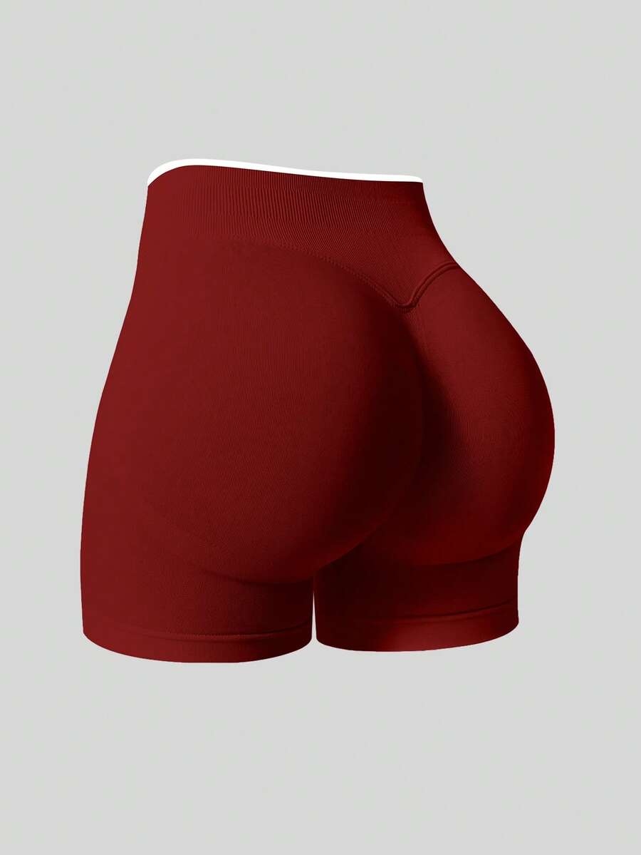 NcmRyu 1pc Women's Fashion Elastic Contrast Color Ribbed High Waist Butt-Lifting Soft Comfortable Sports Shorts - Red - View 1