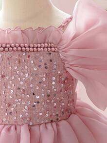 Young Girls Spaghetti Strap Beaded Sequin Organza Party Dress Suitable For Runway And Stage, Headband Not Included - Dusty Pink - View 8