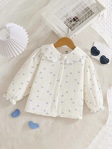 Girls' New Long Sleeve Shirt, Sweet Heart Print, Pure Cotton, Collared Blouse Top - White - View 1