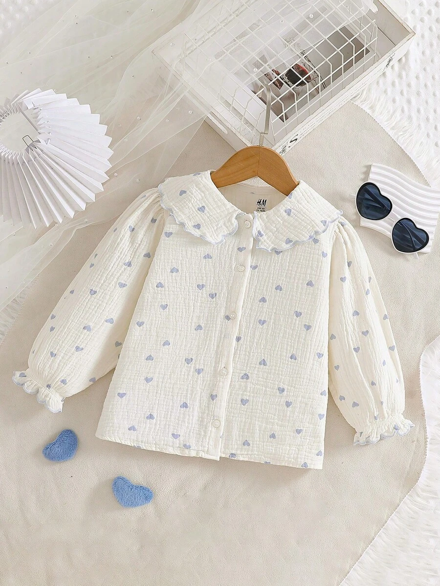 Girls' New Long Sleeve Shirt, Sweet Heart Print, Pure Cotton, Collared Blouse Top - White - View 1