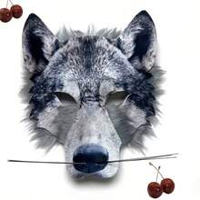 1pc Realistic Gray Wolf Half Face Mask With Fluffy Fur, Animal Wolf Mask Cosplay Costume Accessory, Suitable For Halloween Carnival Masquerade Party Werewolf Theme Outfit - View 6