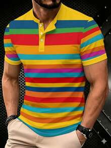 Men's Casual Short Sleeve Henley Collar Rainbow Striped T-Shirt - Multicolor - View 3