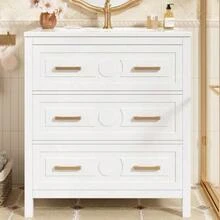 Freestanding Washbasin Measuring 76.5 X 47 X 82 Cm, Fully Lacquered, One-Piece Ceramic Basin, Three Drawers, Silent Extraction System, White Color. - White - View 2