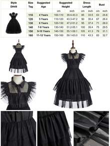 3pcs/Set Girls Black Mesh Ruffle Collar Sleeveless Dress Crown Magic Wand Set Children Witch Costume Girls Role Play Outfit Carnival Halloween Stage Performance Costume Book Week Costume - Black - View 2