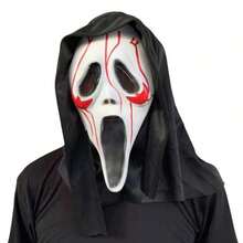 1 pièce Masque de visage de fantôme sanglant avec capuche noire, masque en latex de tête complète avec taches de sang rouge d'horreur criant, taille adulte, cosplay d'horreur d'Halloween, maison hantée, accessoire de fête de mascarade - Multicolore - Voir 6