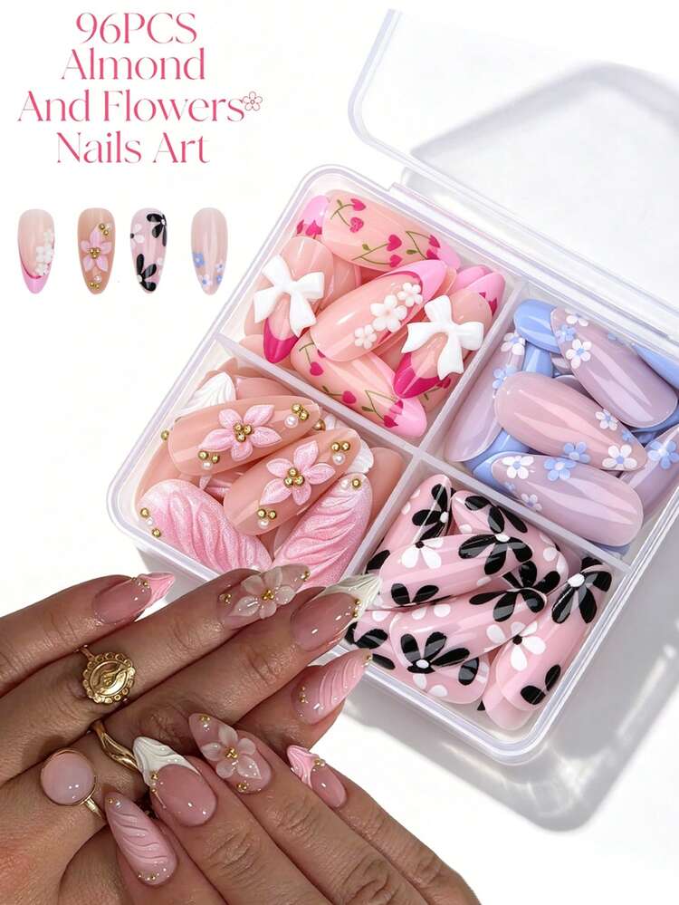 96pcs Medium Almond Shaped Fake Nails, 4 Styles 3D Flower Bow Pearl Rhinestone Decor, Nude Pink Gradient Color, Full Coverage Reusable, Women's Wedding Daily Date Romantic Manicure Set, Suitable As Women's Gift - Multicolor - View 8