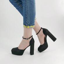 Zapatos cerrados plataforma con tacón grueso y purpurina, correa tobillera ajustable, calzado elegante para mujer, fiestas y salidas nocturnas - Negro - Ver 3