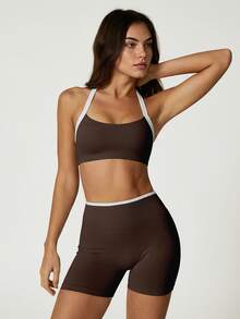 NcmRyu Women's One Set Colorblock Halter Backless Bra & High Waist Ribbed Waistband Shorts Sports Set - Brown - View 3