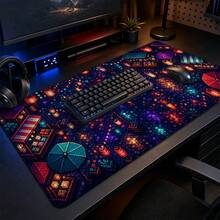 Pixel Night Market 大號滑鼠墊，拼色桌墊，深色方格燈光延伸電競滑鼠墊，防滑款式，適合學生 - 查看 1