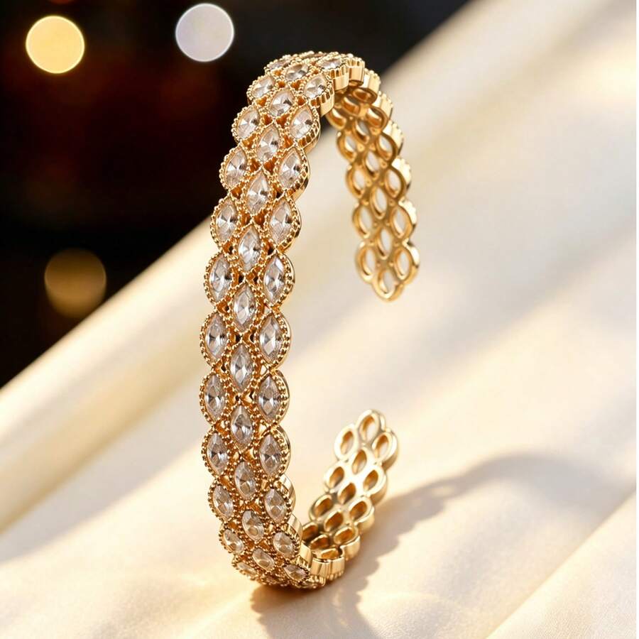 1pc Women's Fashion Multi-Layer Horse Eye Full Rhinestone Open Bangle, Vintage Hollow Adjustable Bracelet, Versatile Exquisite Jewelry For Party And Commute - Bracelet - View 1