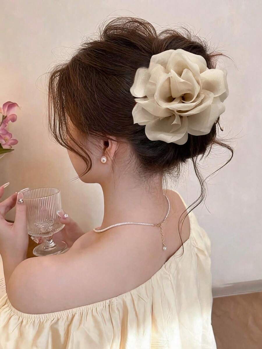 1件女款甜美優雅網紗花朵髮夾，適合日常佩戴與度假 - 杏色 - 查看 1