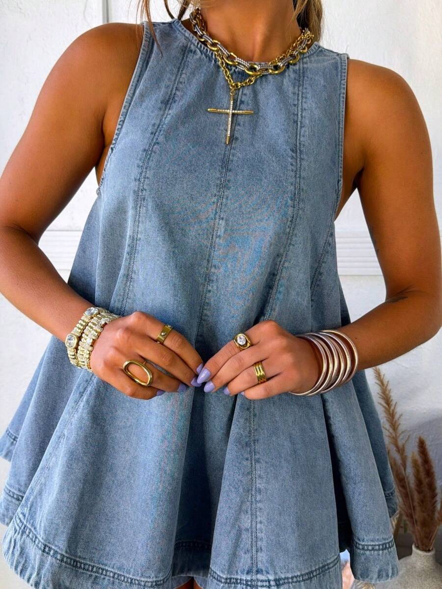 2026 Summer Fashion Casual Loose Sleeveless Cowboy Shorts Set - Blue - View 1