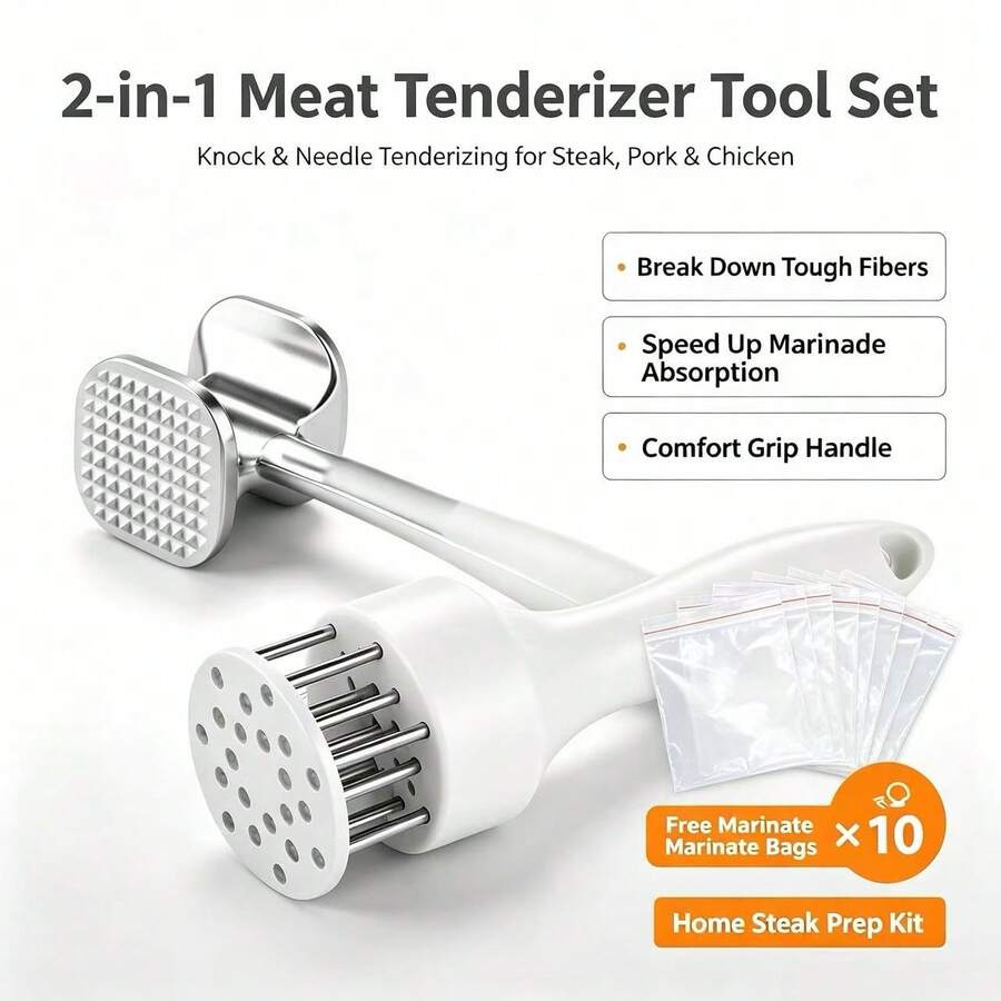 2件組牛排嫩肉器,適用於牛排、雞肉和豬肉;附贈10個醃漬密封袋 - 銀色 - 查看 1