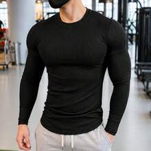 Men's American Ribbed Crew Neck Slim Fit Casual Long Sleeve T-Shirt With Stretch Knit Fabric. Suitable For All Ages, Including Regular Fit, Father's Day, Mother's Day, New Year's, And Spring Festivals. - 黑色 - 查看 1