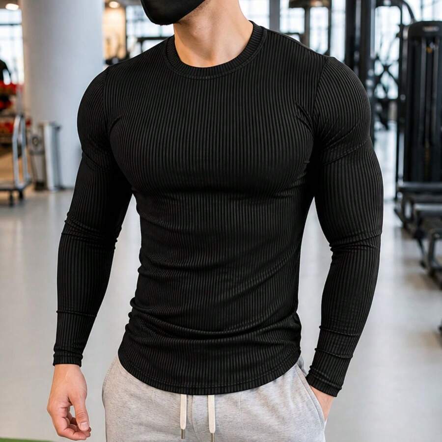 Men's American Ribbed Crew Neck Slim Fit Casual Long Sleeve T-Shirt With Stretch Knit Fabric. Suitable For All Ages, Including Regular Fit, Father's Day, Mother's Day, New Year's, And Spring Festivals. - 黑色 - 查看 1