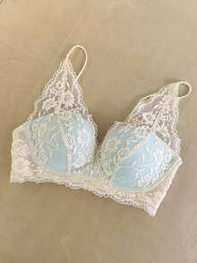 French Style Lace Halter Neck Bra For Women, Push-Up Backless Sexy Minimalist Sexy Design, Wireless Soft Support Bra For Small Chests [Flat Chest Special] - Baby Blue - View 2
