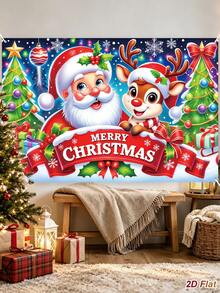 1Pc Christmas Backdrop Cloth With Santa Claus&Reindeer&Christmas Tree Design, Merry Christmas Hanging Background Cloth, Photo Booth Backdrop, Party Backdrop Banner, Backdrop Decoration, Christmas Decoration, Xmas Decor, Home Decor - Christmas a - View 10