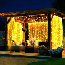 Luces de cortina LED alimentadas por batería AA, 8 modos de iluminación, luces de hadas, adecuadas para habitación, jardín, patio, escenario, decoración de fondo de pared, iluminación de atmósfera romántica para bodas, Día de San Valentín, Halloween, Navidad, luces decorativas colgantes - Lámpara de cortina con caja de pilas AA - Ver 5