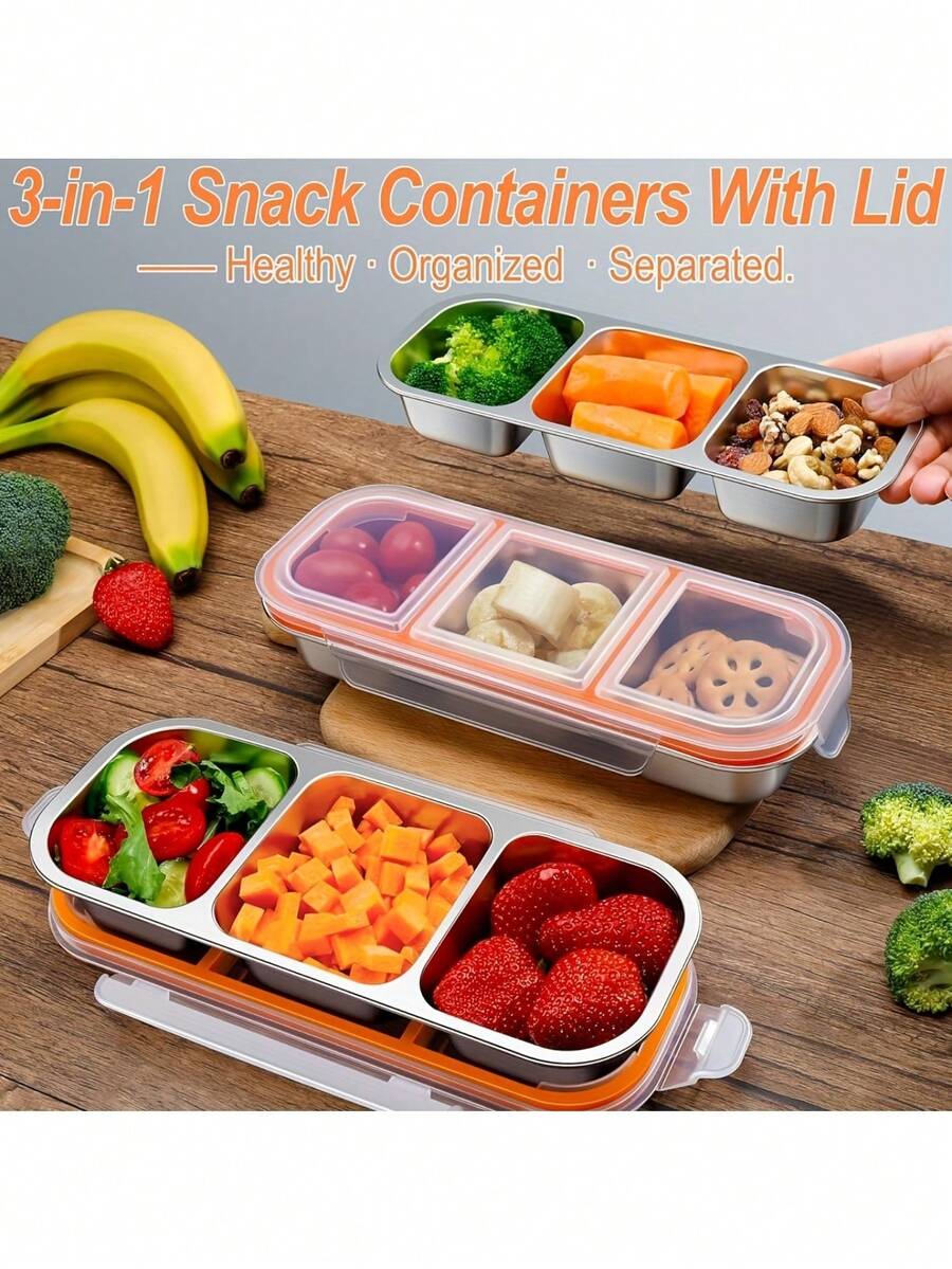 2/3 Compartment Stainless Steel Snack Box, Divided Food Storage Container | Refrigerator Organizer, Suitable For School Lunch Box, Office, Camping, Picnic, Dishwasher , Travel Essential