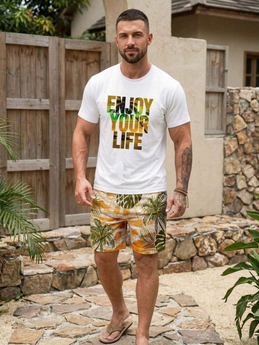 男士度假风印花短袖短裤套装 - 彩色 - 查看 1