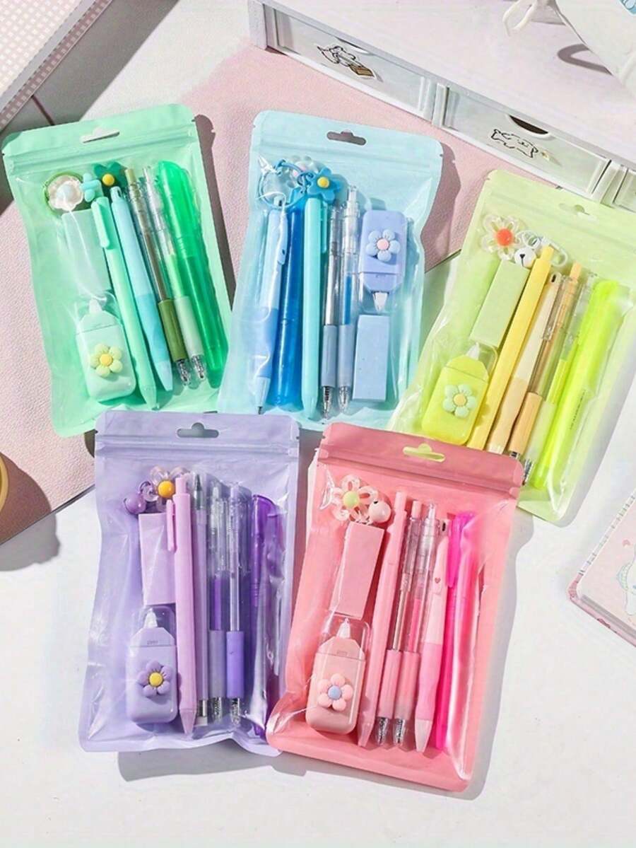 2 Sets 8-In-1 Writing Tools Collection - Fresh Supplies Package Featuring A Highlighter, Charm, Eraser, 2 Clickable Pens, Back To School, First Day Of School