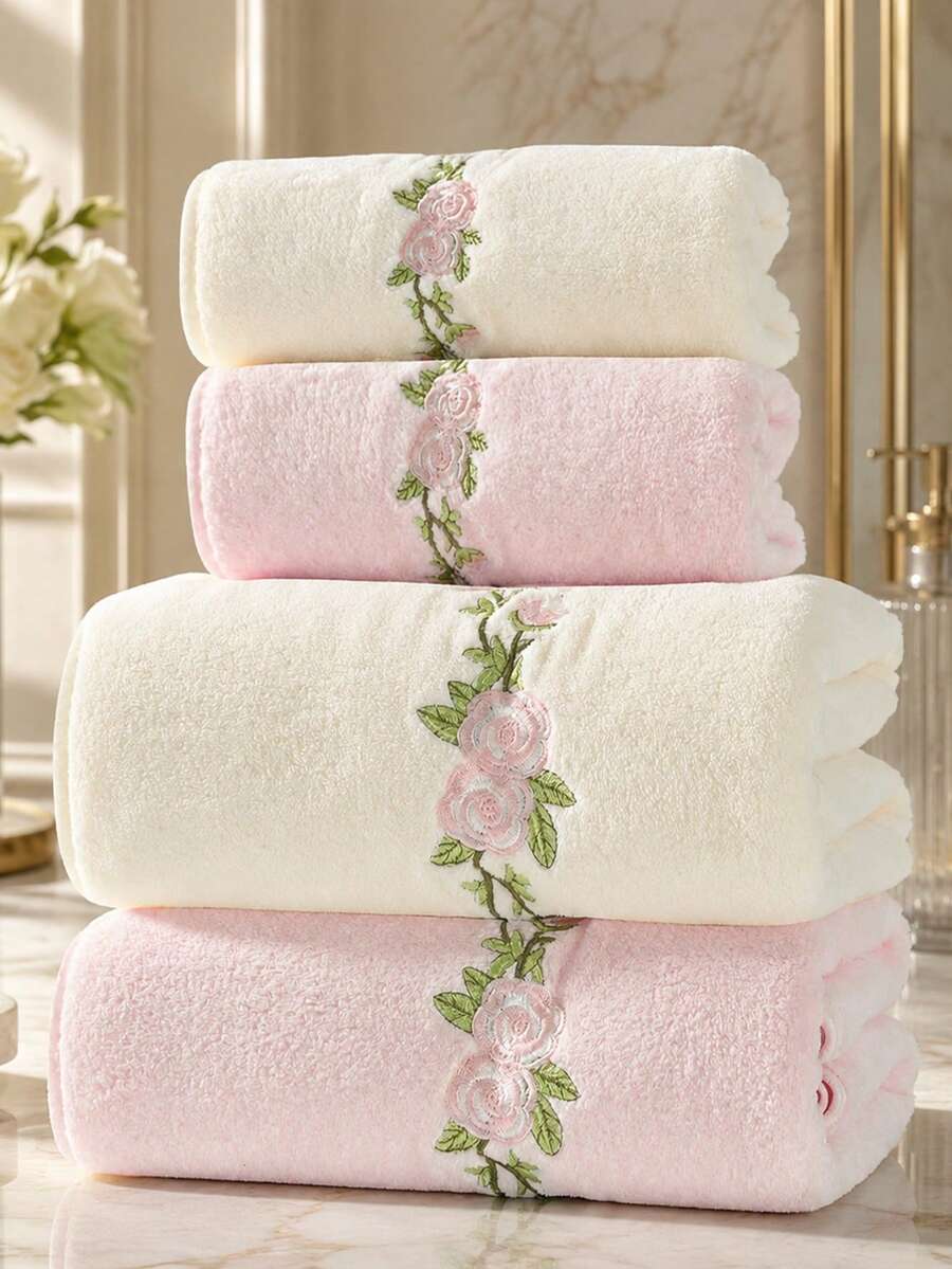 4Pcs Rustic Roses Bathroom Towel Set Farmhouse Embroidered Purple Roses Towels Vintage Decorative Bath Towel Highly Absorbent Elegant Summer Decor Set For Bathroom - White - View 1