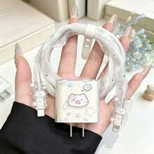 1組夢幻小貓設計充電器與線材保護套組，耐用 Apple 18-20W 充電線保護殼，防斷線理線器 - 彩色 - 查看 3