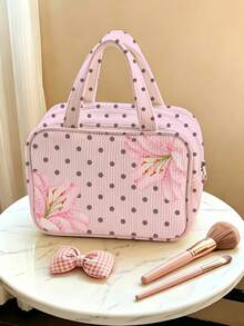 New Polka Dot Makeup Bag, Toiletry Bag, Travel Organizer Bag, Lightweight Portable Handheld Travel Makeup Storage Bag, Toiletry Bag, Fresh Daily Storage Bag, Compact Portable Style, Corduroy Material, Polka Dot Print Decoration, Top Handle Makeup Bag, Minimalist Casual Large Capacity Commuter Bag, Fashion Polka Dot One Shoulder Handbag, Suitable For Daily Wear - Multicolor - View 8