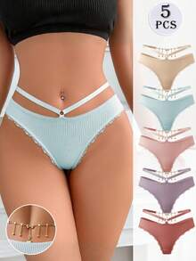 Cheekology 5pcs/Set Women's Sexy Lace Trim Patchwork Comfortable Ribbed Bow Chain Decor Thong Panties - Multicolor - View 1