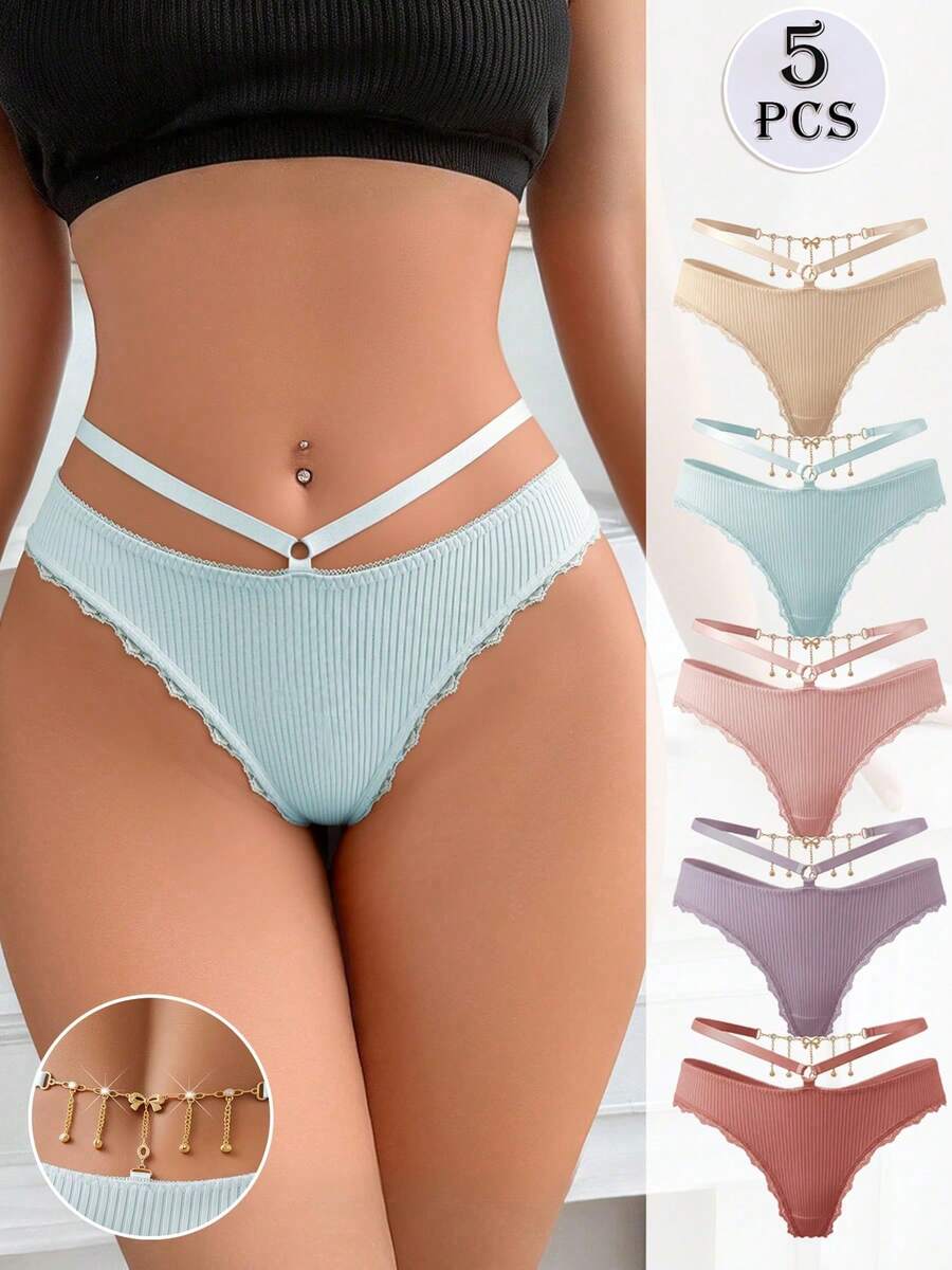 Cheekology 5pcs/Set Women's Sexy Lace Trim Patchwork Comfortable Ribbed Bow Chain Decor Thong Panties - Multicolor - View 1