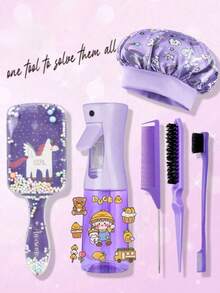 OBOVAY 1/6pcs Cartoon Cute Comb Set, Transparent Unicorn Shaped Air Cushion Hairbrush, Satin Sleep Cap (Unicorn Print Design), 200ml Hair Spray Bottle, Suitable For Daily Use And Sleep, Includes Fluffy Hairbrush, Tail Comb, Edge Comb, Suitable For Styling Bangs, Hairline, Sideburns, Eyebrows And Eyelashes, Perfect Gift For Girls - Multicolor - View 4
