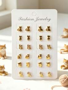 12pairs Cartoon Cat Stud Earrings - Black - View 10