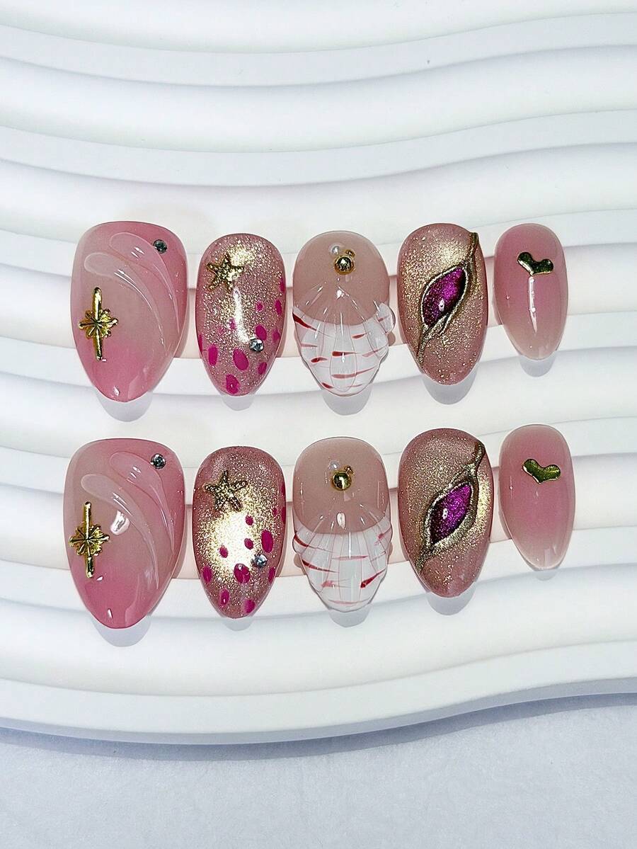 10片裝柔粉色貝殼與海星奢華金屬裝飾貓眼杏仁形美甲貼,可拆卸可重複使用美甲用品(含1片果凍貼+1片指甲锉) - 粉色 - 查看 1