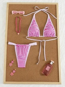 女款性感波點比基尼套裝，適合海灘、優雅休閒度假穿著。採用高彈舒適面料製成，適合音樂節、海灘派對、衝浪運動，掛脖繫帶式開衩兩件式泳衣套裝，適合春夏季 - 彩色 - 查看 4