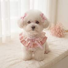 1 Set Plaid Ruffle Lace Adjustable Pet Bib With Matching Bow Accessory, Sweet Cute Pet Collar And Bow Hair Clip Set, Adjustable Tie Drool Bib, Suitable For Cats And Dogs Daily Wear, Party, Photography Outfit Pet Clothing Accessories - Multicolor - View 6