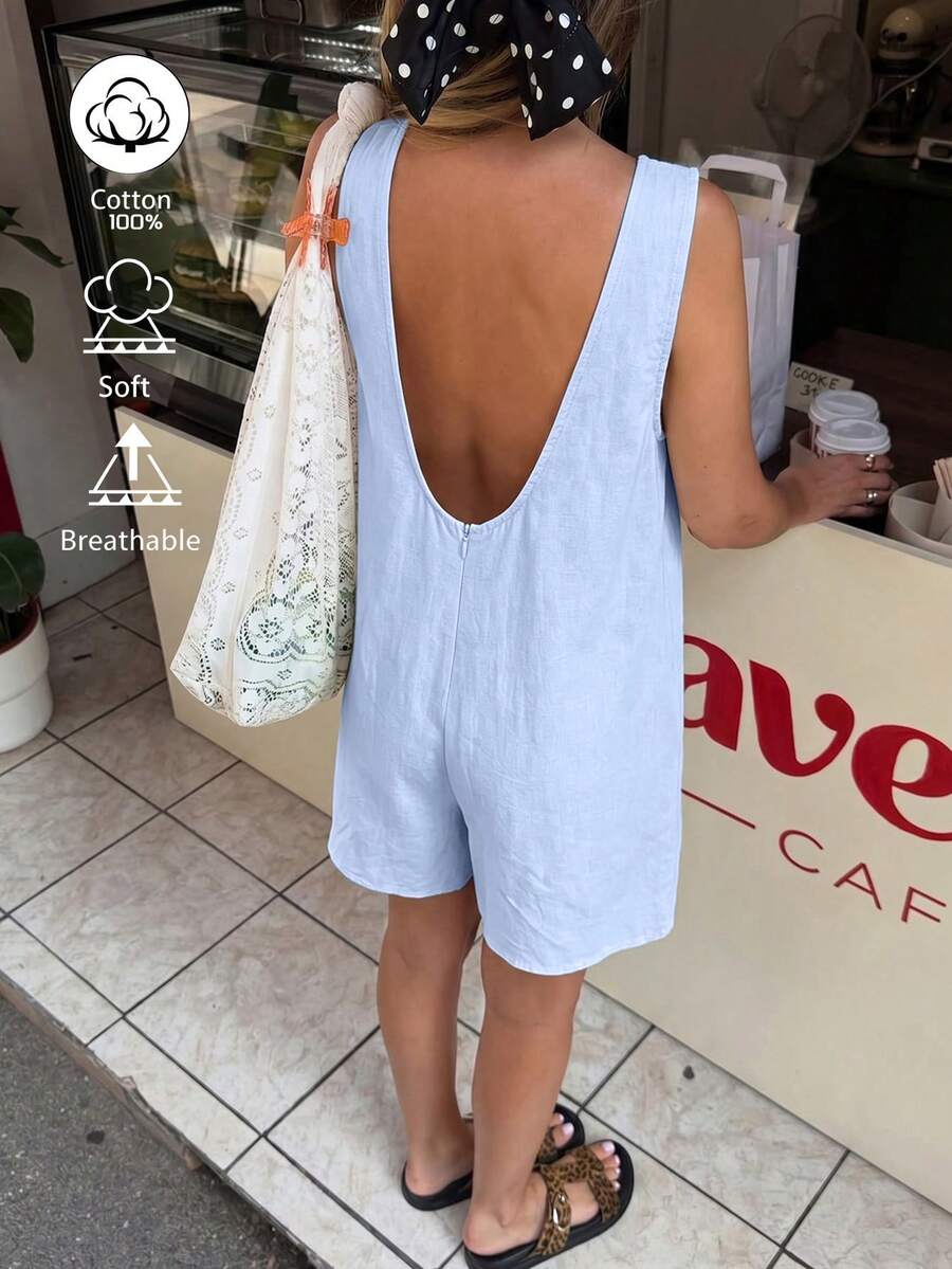 DORISS 夏季杏色無袖寬鬆短版連身褲 棉麻材質 日常街頭通勤旅行 - 天藍 - 查看 1
