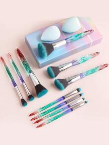 ronshadow 10pcs Gradient Transparent Ice Crystal Diamond Handle Makeup Brush Set With Makeup Sponge, Round Powder Brush, Angled Blush Brush, Large Foundation Brush, Small Eyeshadow Blending Brush, Detail Concealer Brush - Multicolor - View 12