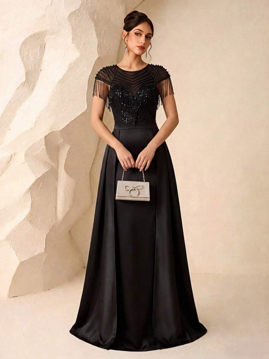 黑色珠飾流蘇亮片晚禮服,主持人表演正式場合宴會禮服,婚禮適用 - 黑色 - 查看 1