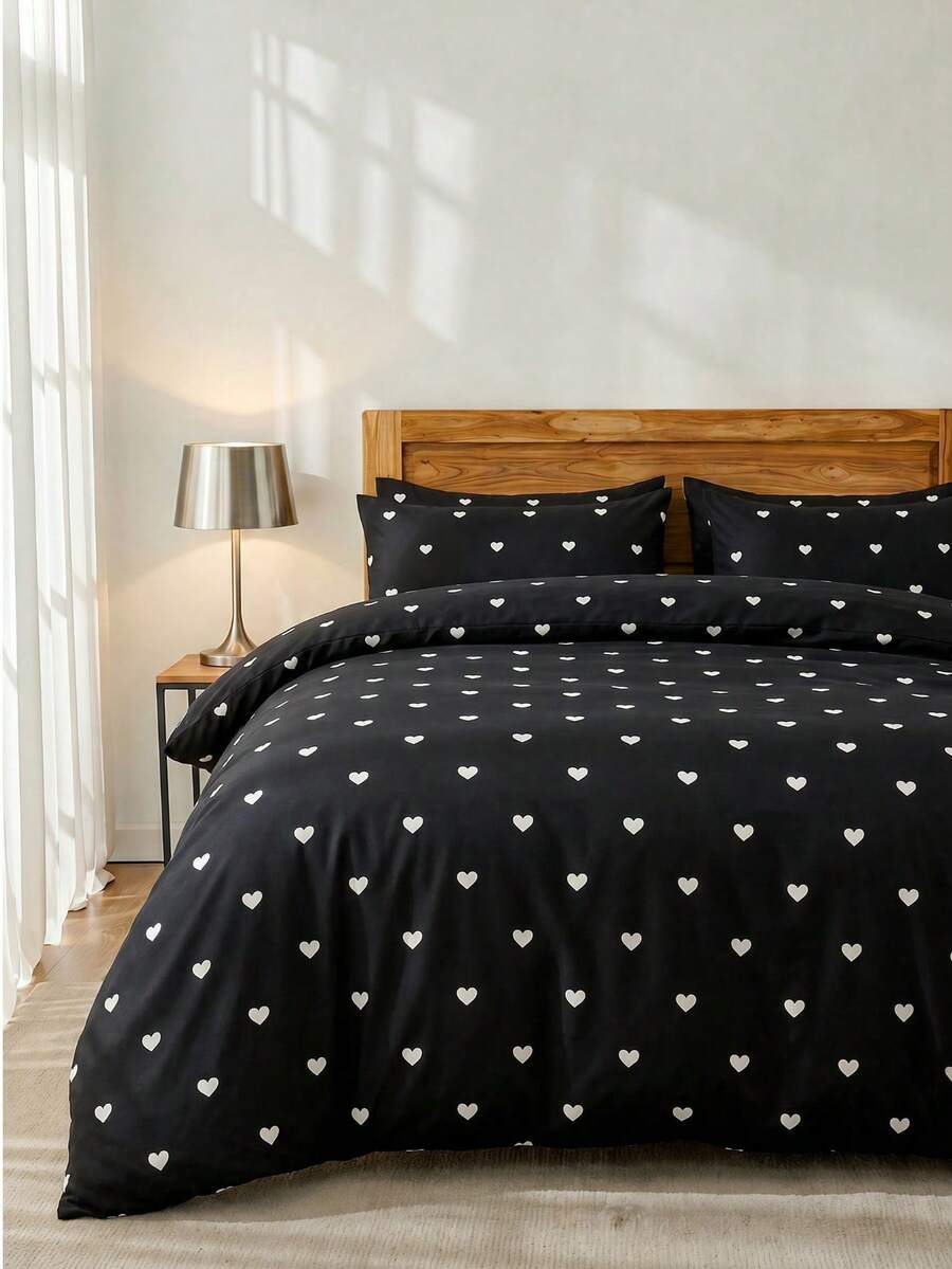 2/3 piezas Juego de ropa de cama con patrón de corazón negro, juego de ropa de cama de microfibra suave y transpirable, fácil de cuidar, resistente a las arrugas, estilo de hotel de lujo, regalo para padres y amigos, Funda nórdica*1, Funda de almohada*1/2, Disponible en tamaños extra grandes, Queen, Full, Twin, Adecuado para el Día de San Valentín, dormitorio, vuelta al colegio - Negro - Ver 1