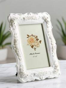 1pc White Embossed Rose Photo Frame, Resin Material Classic Pattern Decorative Frame, Horizontal And Vertical Dual-Use Photo Frame, Suitable For Bedroom, Study, Office Desk, Photo Decoration Frame, Halloween And Christmas Gift (Random Photo Paper Included) - Multicolor - View 7