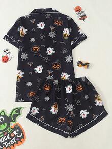Set Piyama Wanita Motif Halloween Lengan Pendek Model Bubble Crinkle - Hitam - View 9