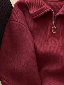 Solid Color Zip-Up Collar Long Sleeve Knit Cardigan, Soft Style Versatile Knit Sweater - Red - View 4