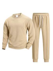 Men's Casual Outdoor Sports Set With Tapered Pants And Crew Neck Long Sleeve - Khaki - View 5