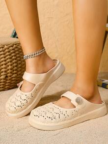 Zapatillas tipo Mary Jane de estilo vintage francés, unicolor, suela gruesa, punta cerrada, para mujer, uso exterior de verano 2026, nuevas sandalias antideslizantes para exterior - Albaricoque - Ver 5
